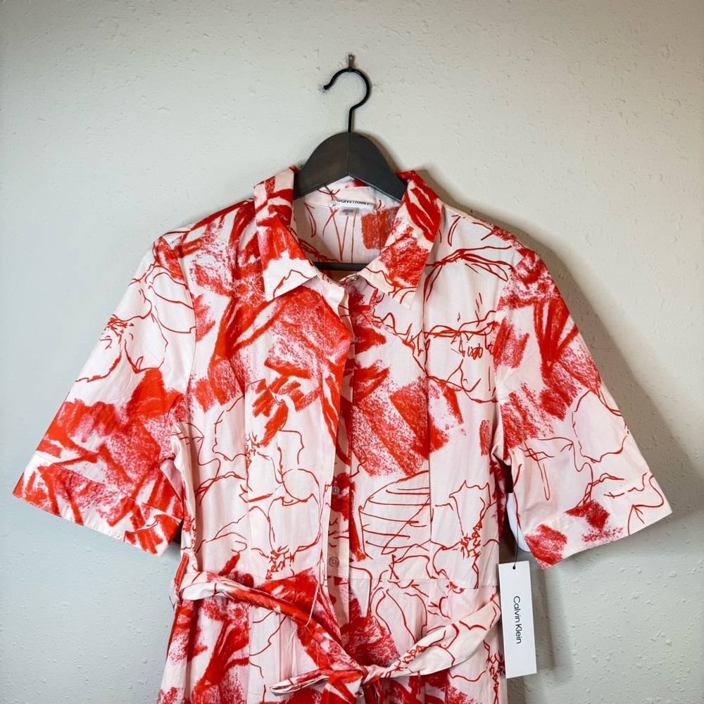 Calvin Klein Floral Print Ruffled Hem Belted White Orange Tulip Dress Sz 12 NWT - Picture 3 of 8